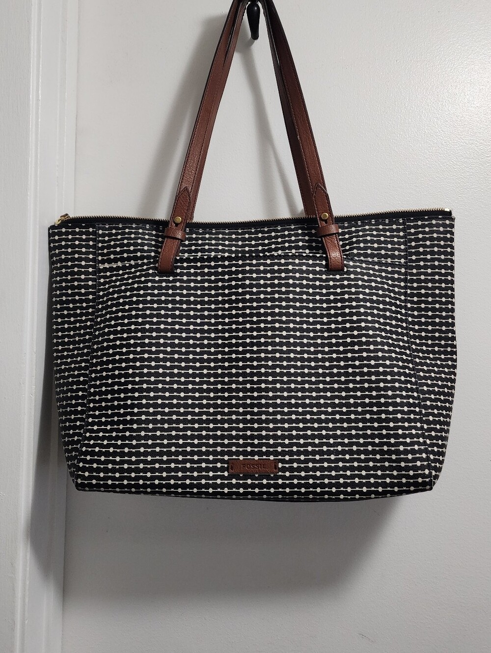 Fossil Black & White Dot-Stripe Tote with Brown Straps